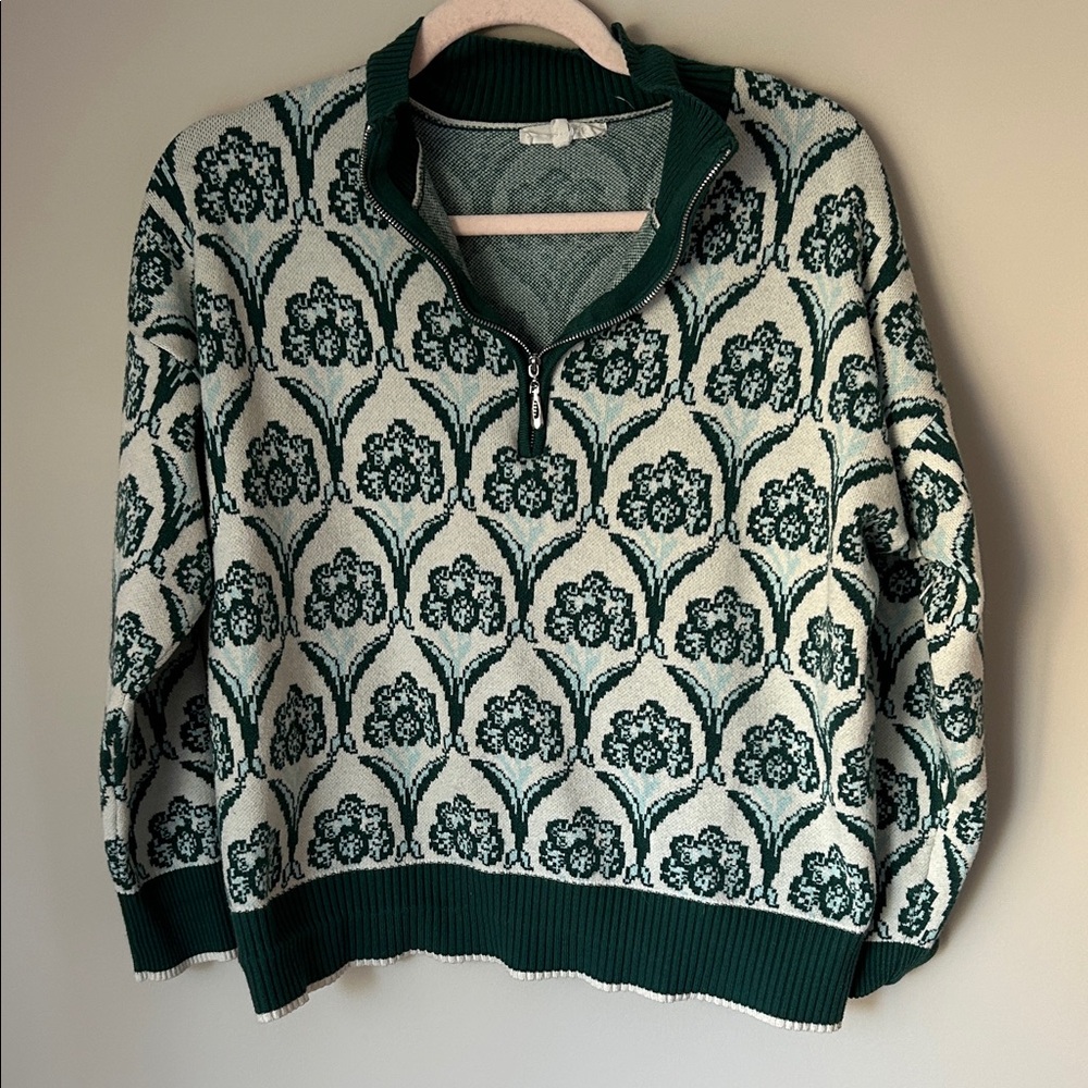 Anthropologie Green Floral Pullover Sweater